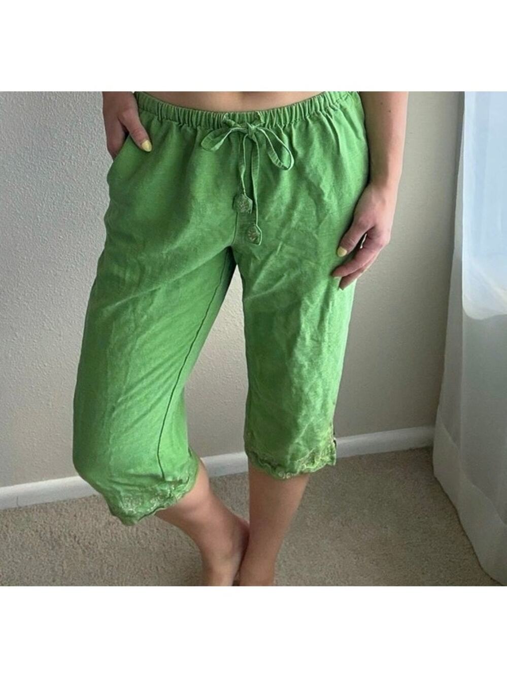 Vintage y2k Green Capris 100% Silk grandma coastal vacation resort summer beach